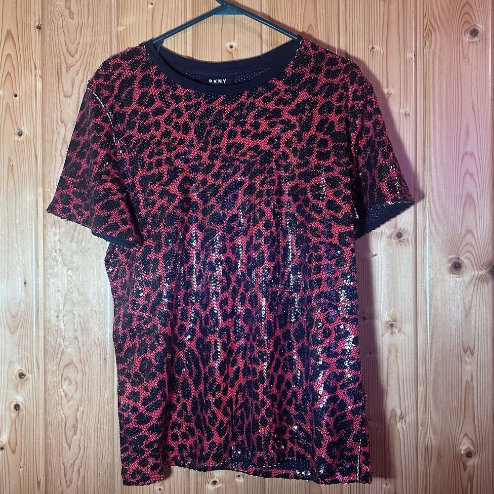 NWT DKNY Red Black Leopard Print Short Sleeve Top Size XL MSRP $69